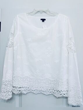 Ann Taylor White Embroidered & Lace-Trim Long Sleeve Top